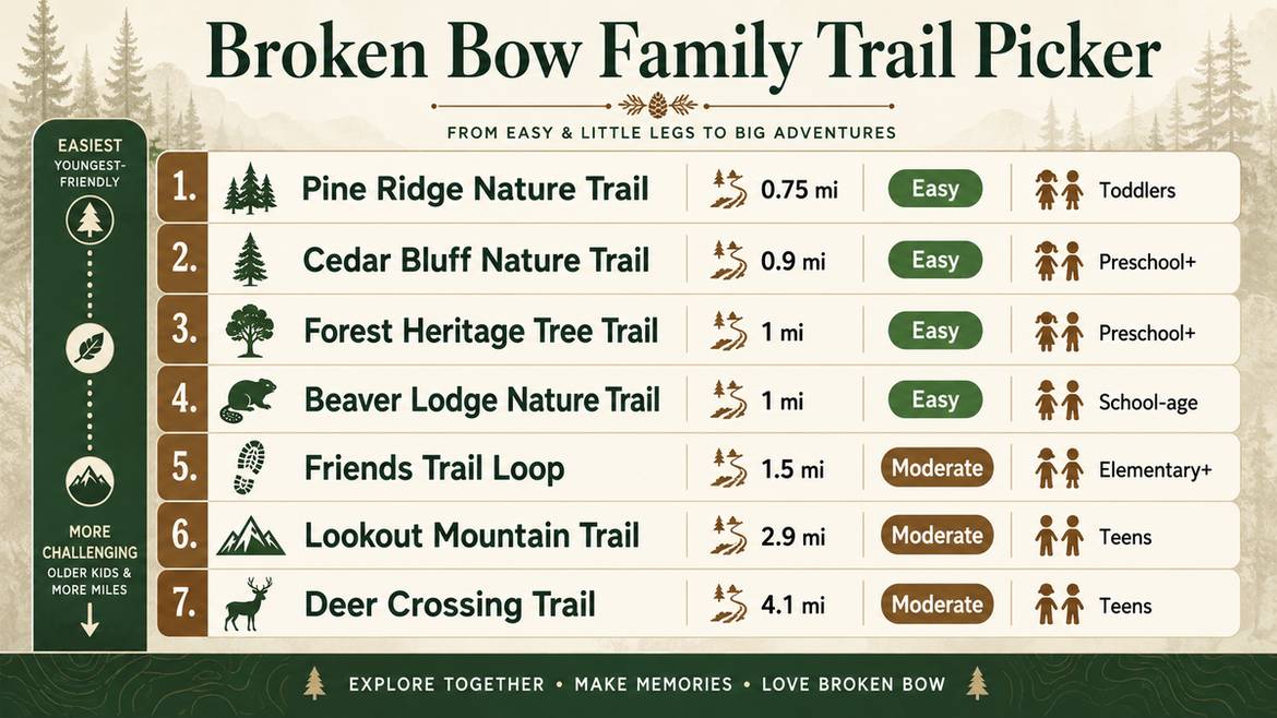 Broken Bow family trail picker infographic comparing 7 kid-friendly hiking trails by distance and recommended ages