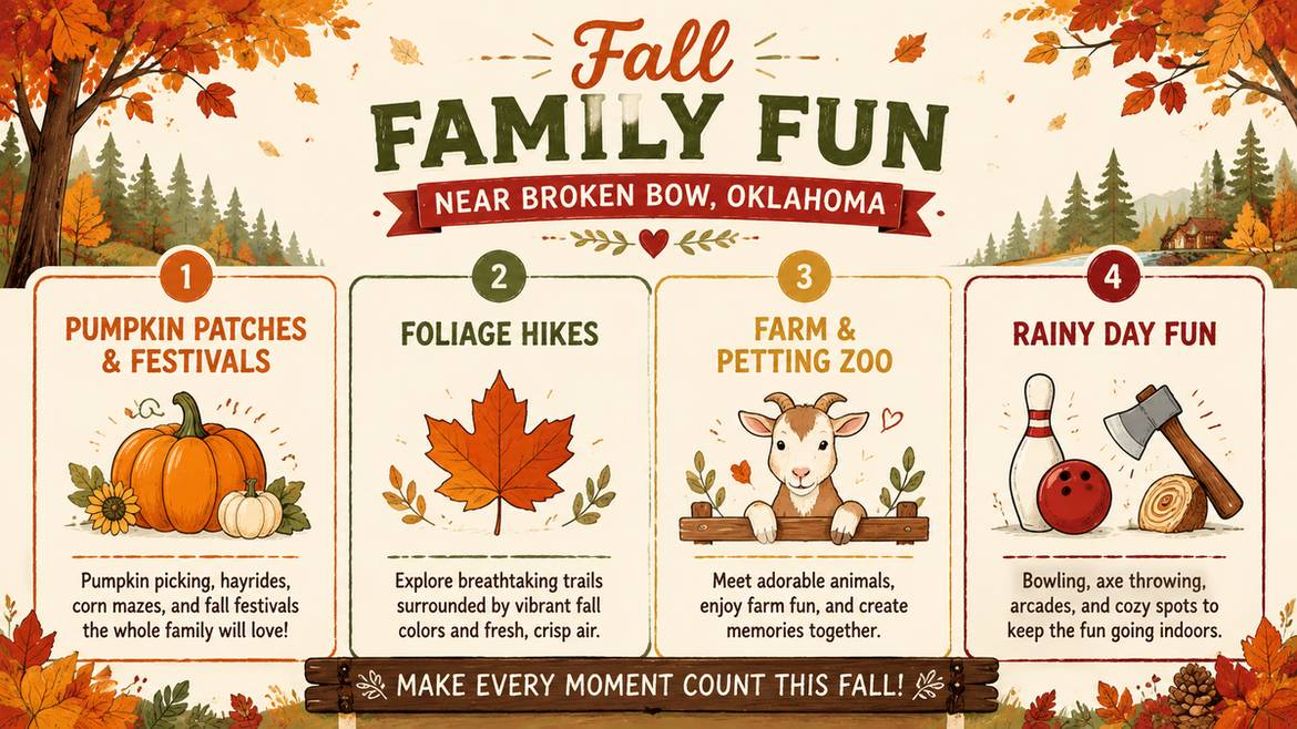 Fall Family Fun Near Broken Bow, Oklahoma infographic showing four categories: pumpkin patches and festivals, foliage hikes, farm and petting zoo, and rainy day fun
