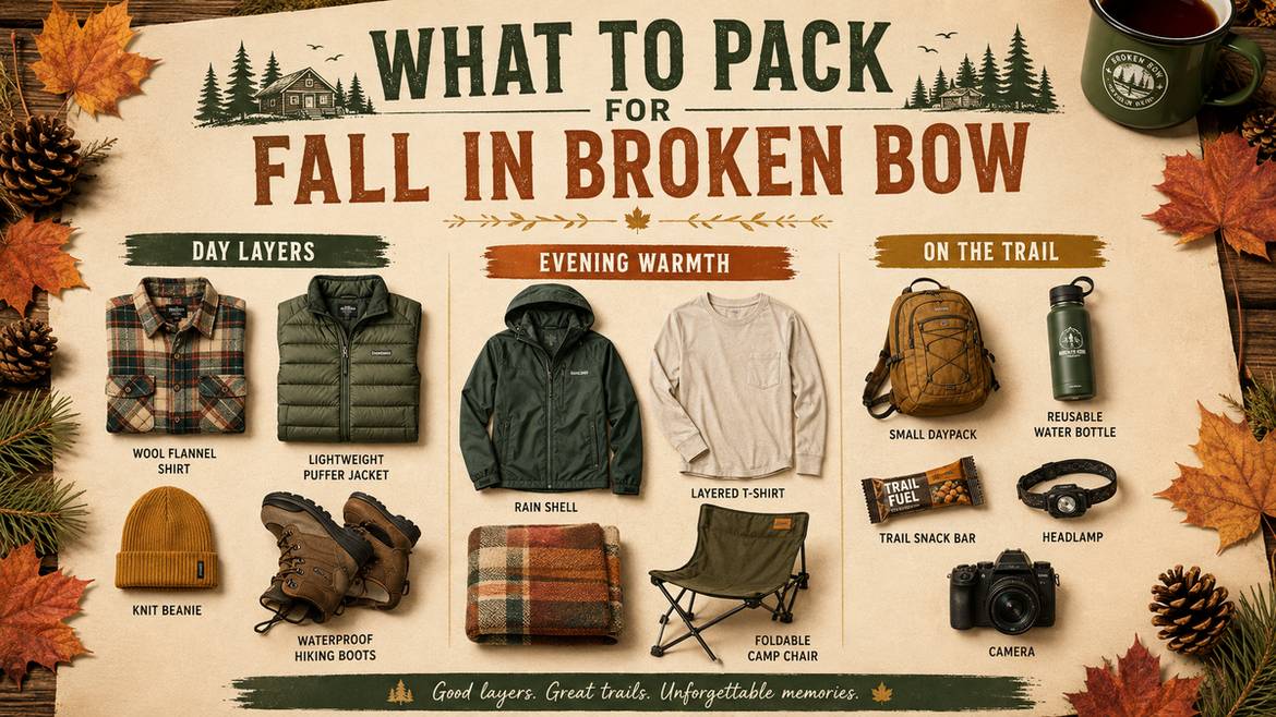 What to pack for fall in Broken Bow packing checklist infographic showing day layers, evening warmth, and on-the-trail essentials