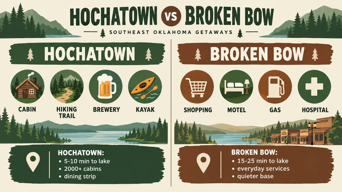 Side-by-side infographic comparing Hochatown and Broken Bow, Oklahoma for cabin travelers
