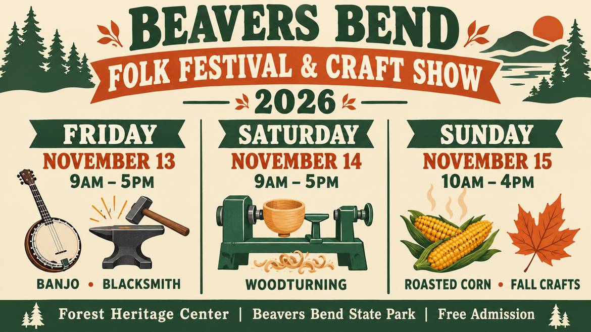 2026 Beavers Bend Folk Festival and Craft Show schedule infographic showing Friday November 13, Saturday November 14, and Sunday November 15 hours