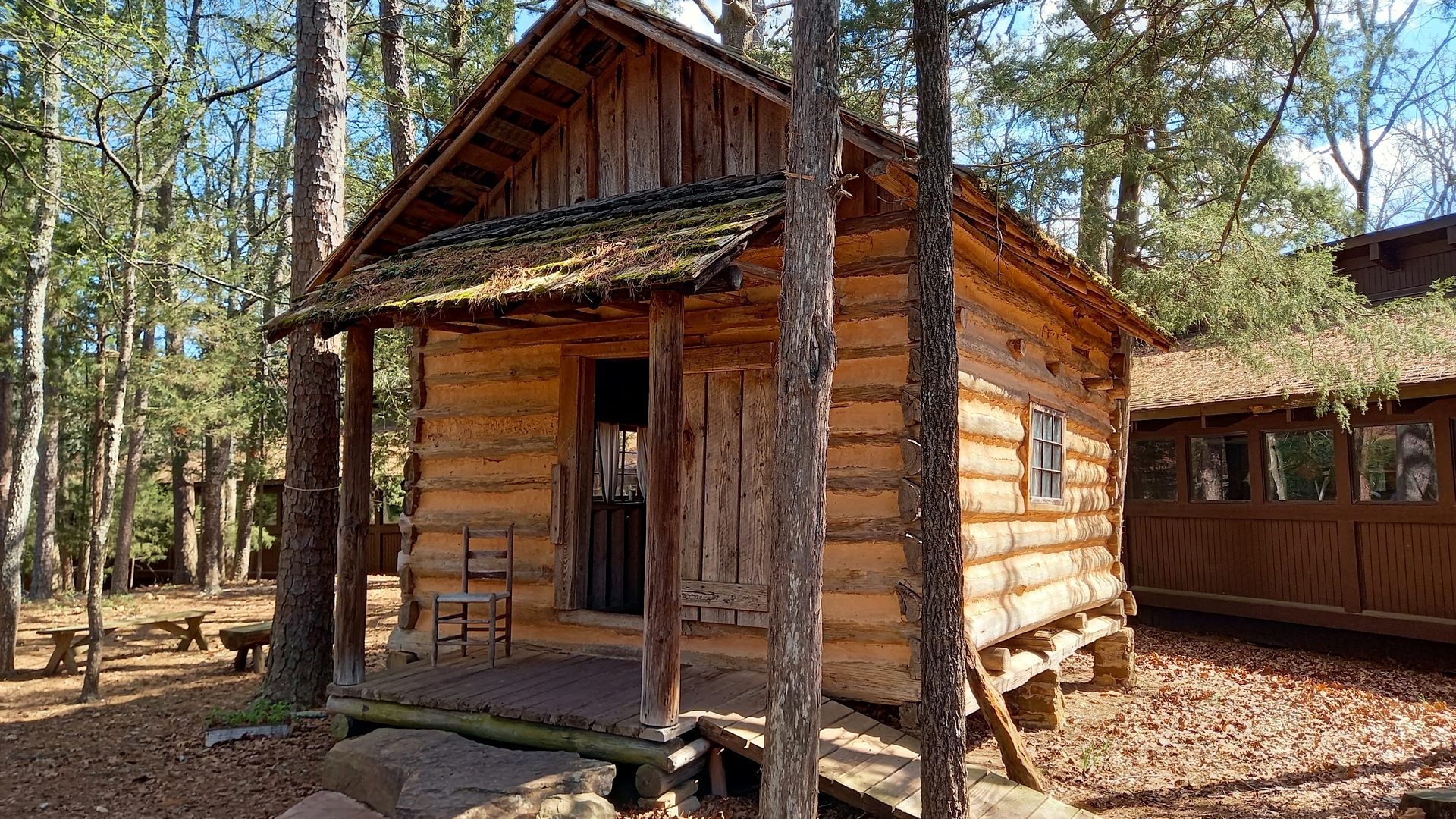 Historic log cabin among the pines at the Forest Heritage Center in Beavers Bend State Park